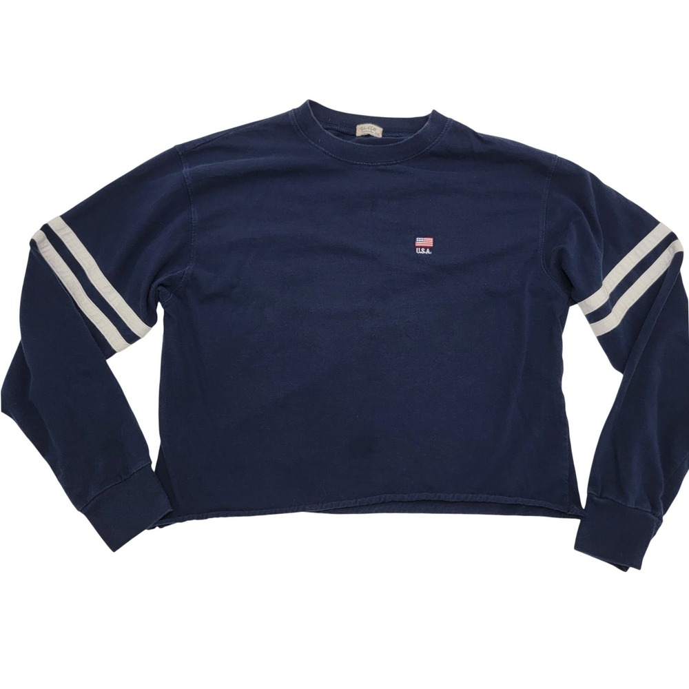 John Galt Brandy Melville Navy USA Flag Cropped Long Sleeve Varsity Stripe Tee